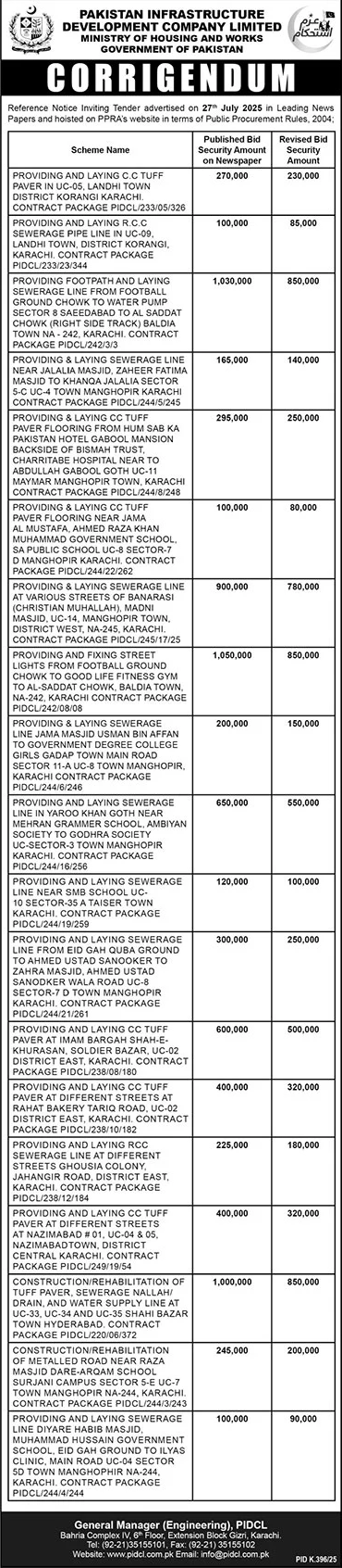 Pakistan Infrastructure Development Company Limited Karachi Tender Notice
